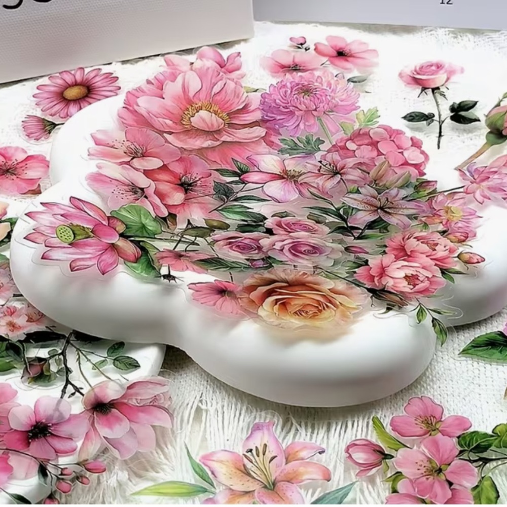 Pink Floral Mixed PET Blooms Transparent Stickers, 50 pcs